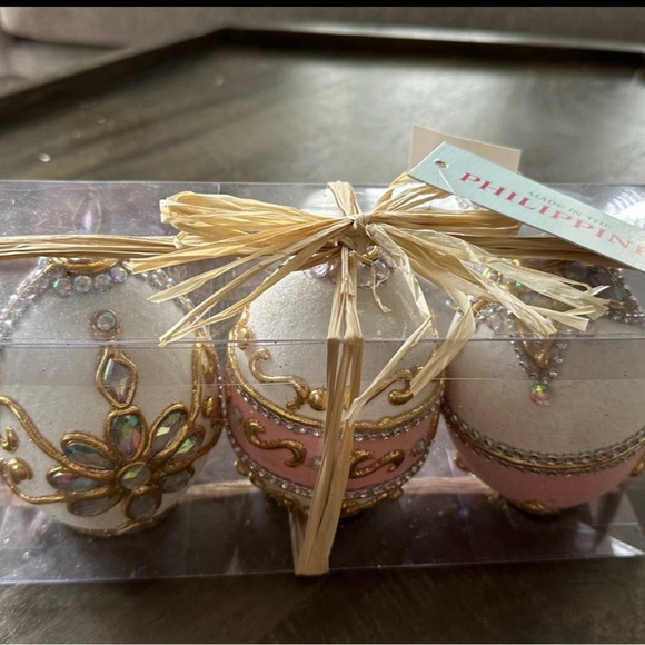 COPY - CAPIZ SHELL Embellished EGG EASTER DECOR Crystal Pearl Set Of 3 - Picture 1 of 5